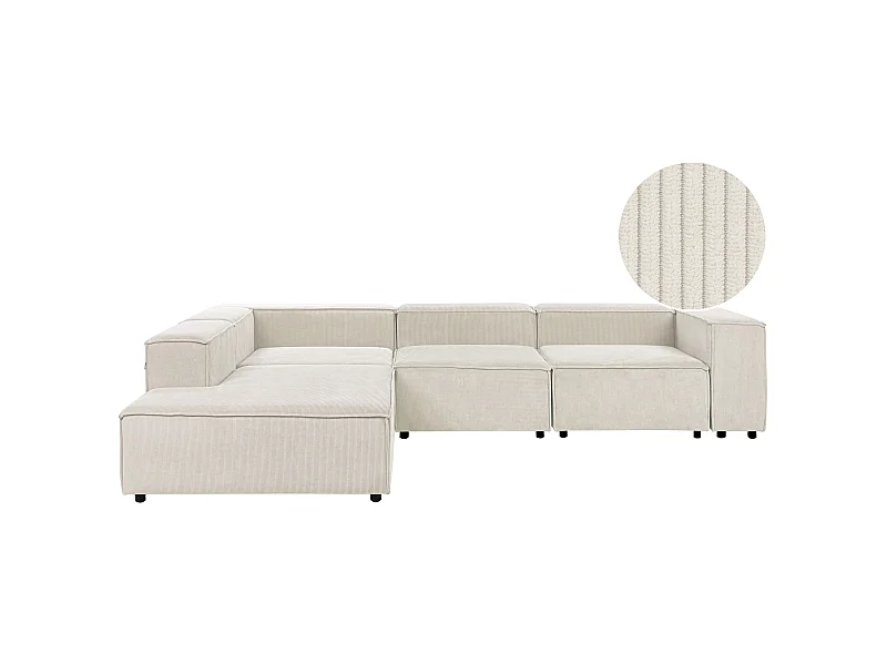 Canapé d'Angle à gauche en Velours Côtelé Modulaire 4 Places Pieds Noirs Blanc Cassé Ardal