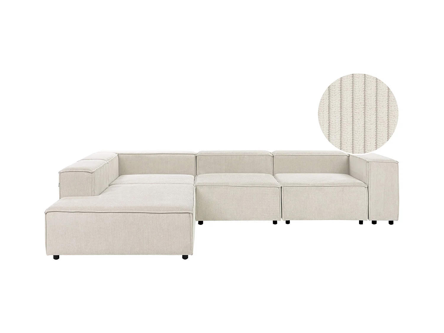 Canapé d'Angle à gauche en Velours Côtelé Modulaire 4 Places Pieds Noirs Blanc Cassé Ardal