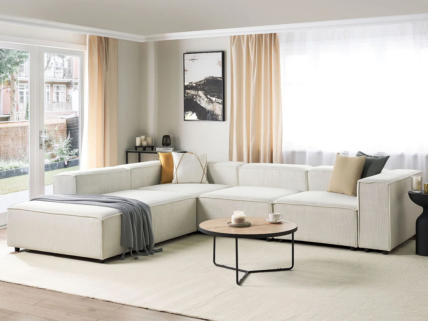 Canapé d'Angle à gauche en Velours Côtelé Modulaire 4 Places Pieds Noirs Blanc Cassé Ardal