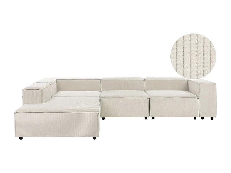 Canapé d\'Angle à gauche en Velours Côtelé Modulaire 4 Places Pieds Noirs Blanc Cassé Ardal