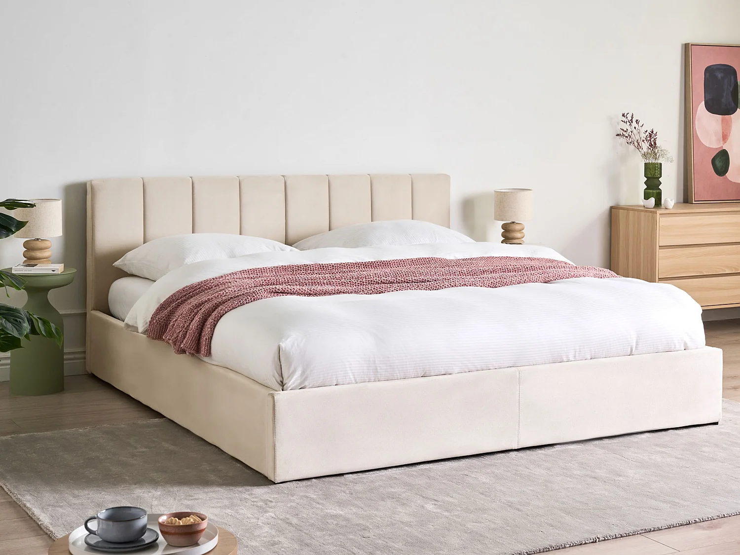 Lit ottoman DREUX Velours Beige clair 180 x 200 cm