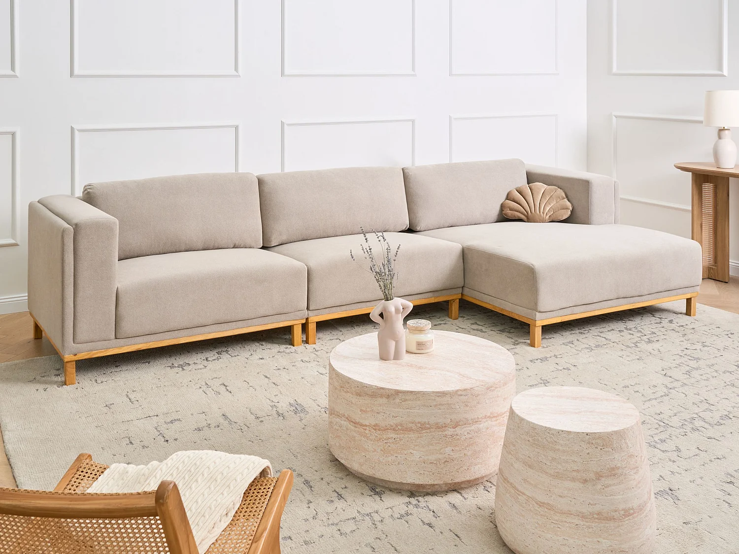 Canapé d'Angle à droite 5 Places Moderne en Tissu avec Accoudoirs Pieds en Bois Taupe Veng