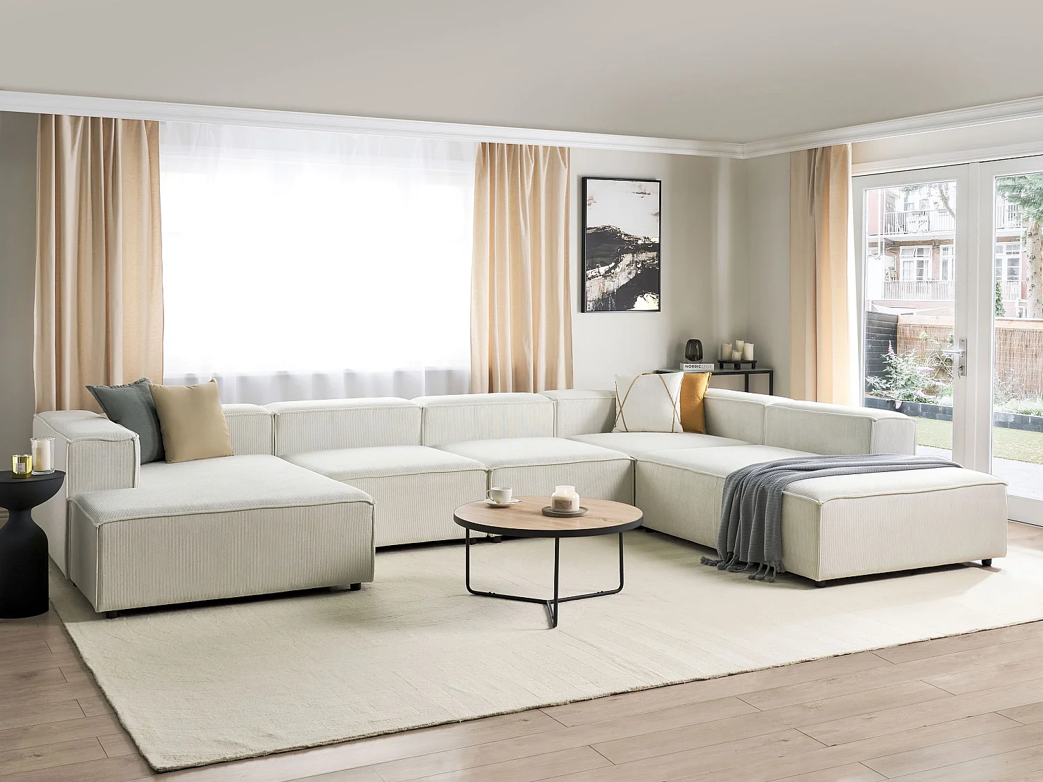 Canapé d'angle modulable 5 places ARDAL Velours côtelé Blanc cassé Côté droite