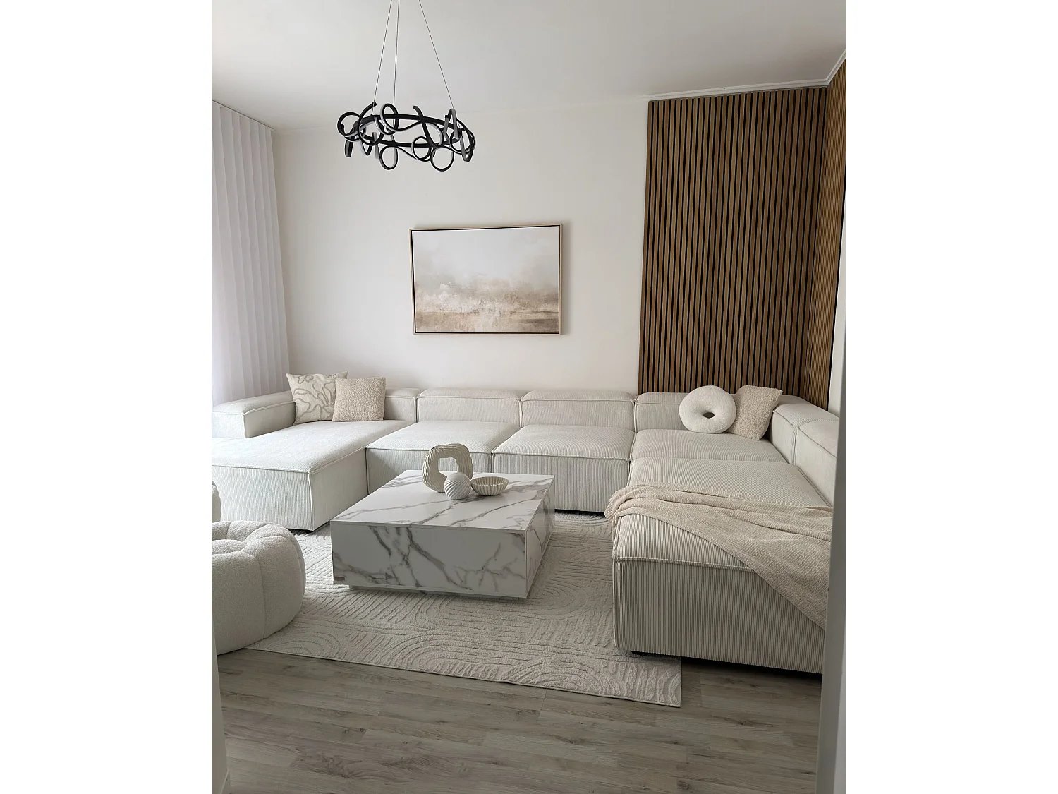 Canapé d'angle modulable 5 places ARDAL Velours côtelé Blanc cassé Côté gauche