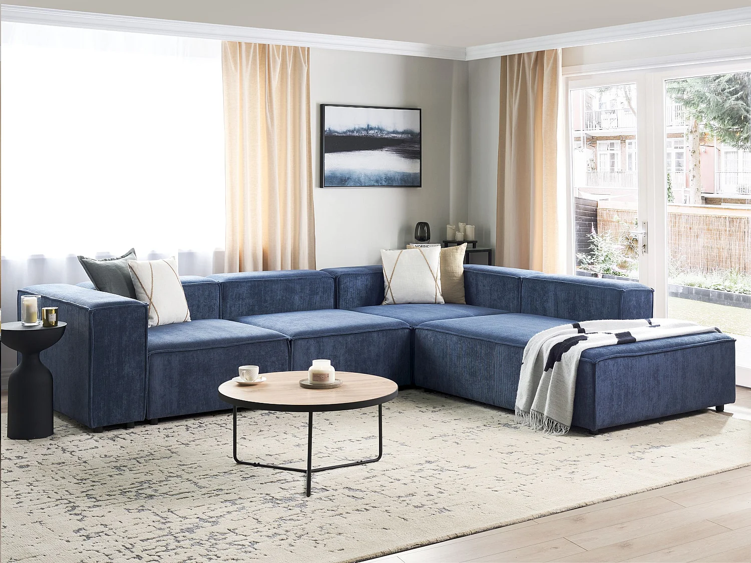 Canapé d'Angle à droite en Velours Côtelé Modulaire 4 Places Pieds Noirs Bleu Foncé Ardal