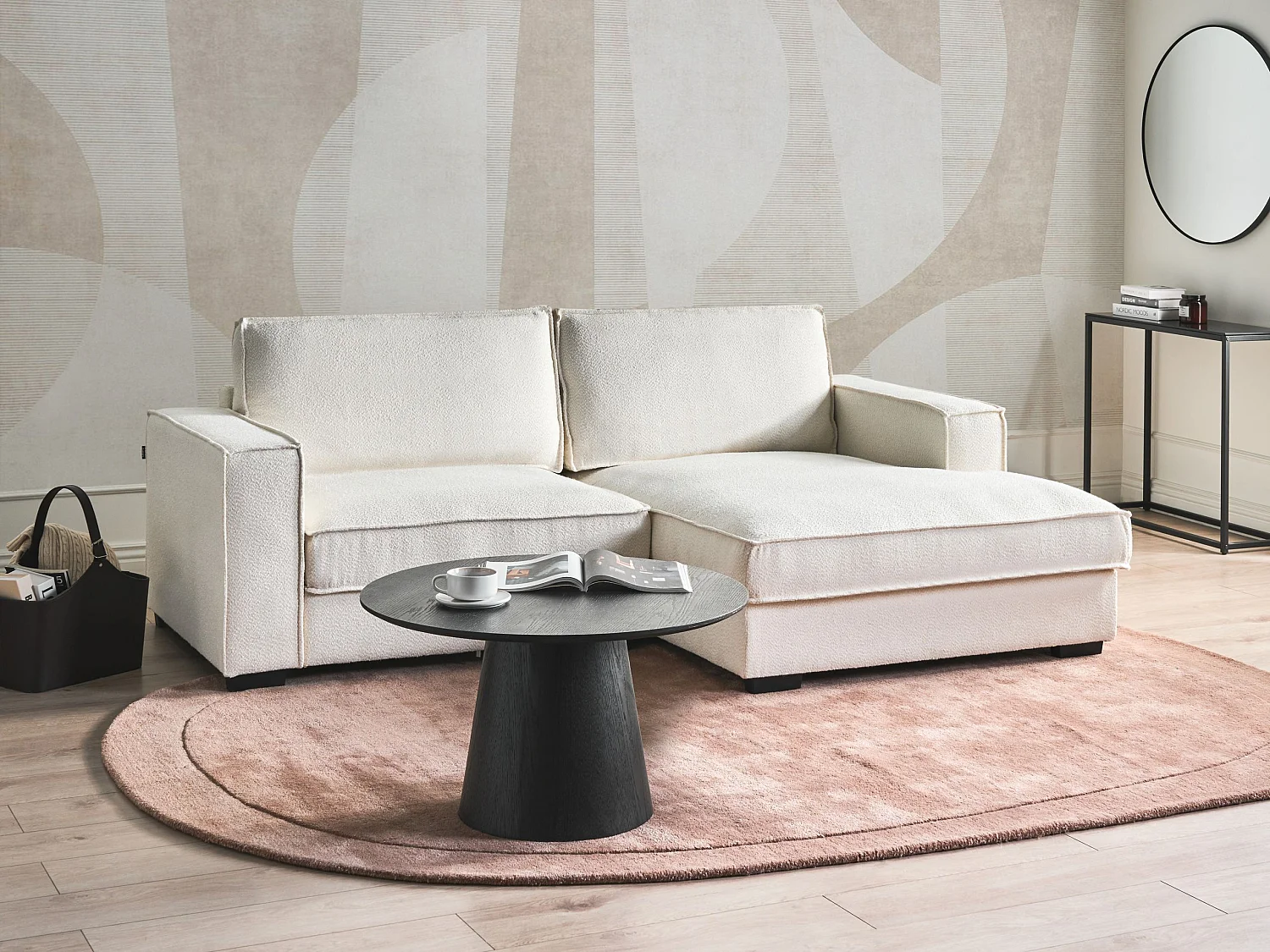 Canapé d'Angle à droite Moderne en Bouclé Dossier Rembourré avec Coussins Beige Clair Kolding