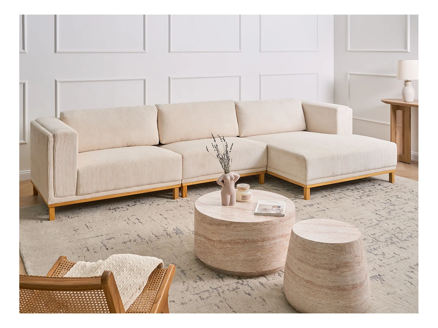 Canapé d'Angle à droite 5 Places Moderne en Velours Côtelé avec Accoudoirs Pieds en Bois Beige Clair Veng