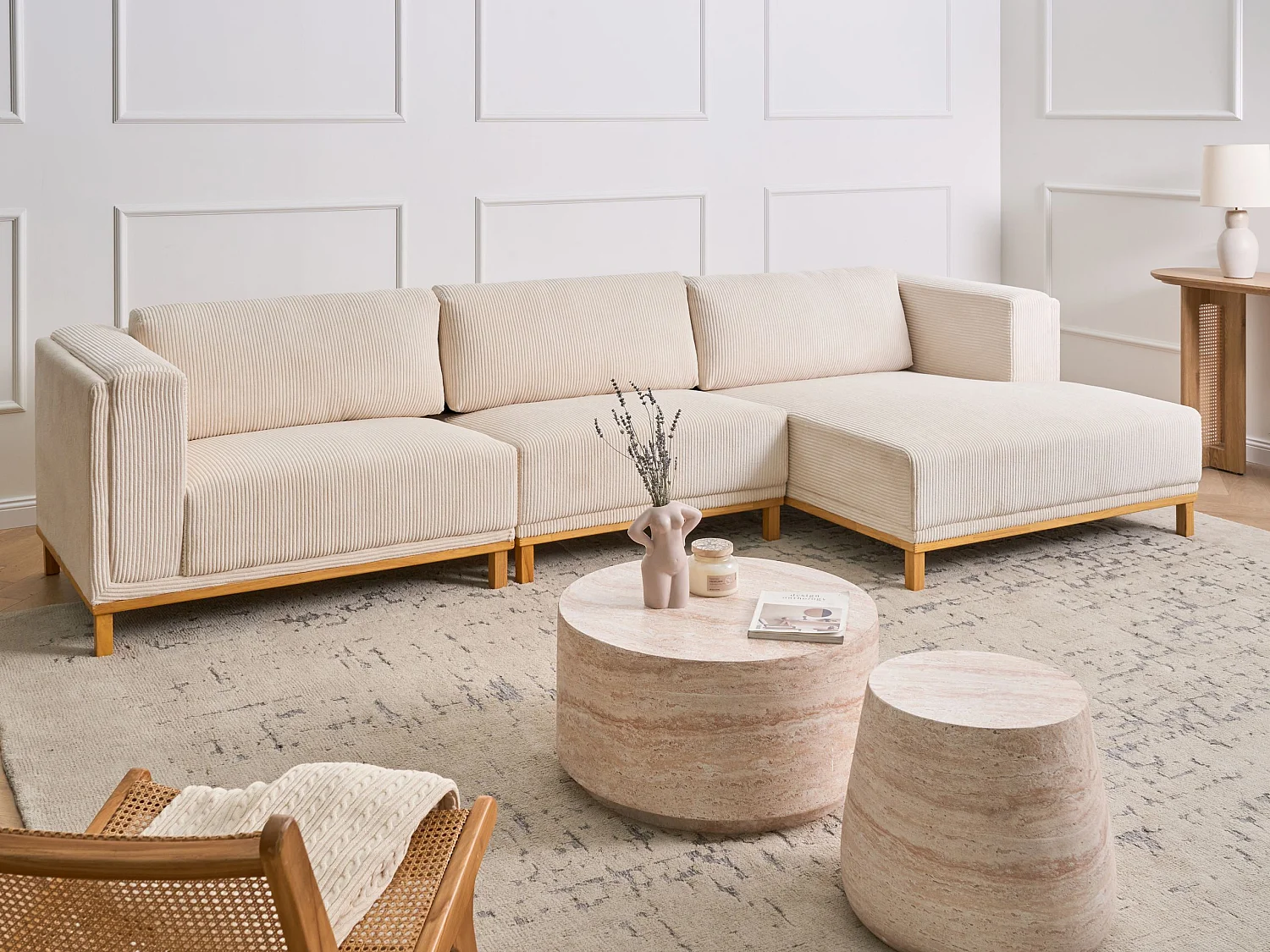 Canapé d'Angle à droite 5 Places Moderne en Velours Côtelé avec Accoudoirs Pieds en Bois Beige Clair Veng