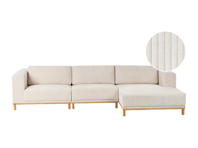 Canapé d\'Angle à droite 5 Places Moderne en Velours Côtelé avec Accoudoirs Pieds en Bois Beige Clair Veng