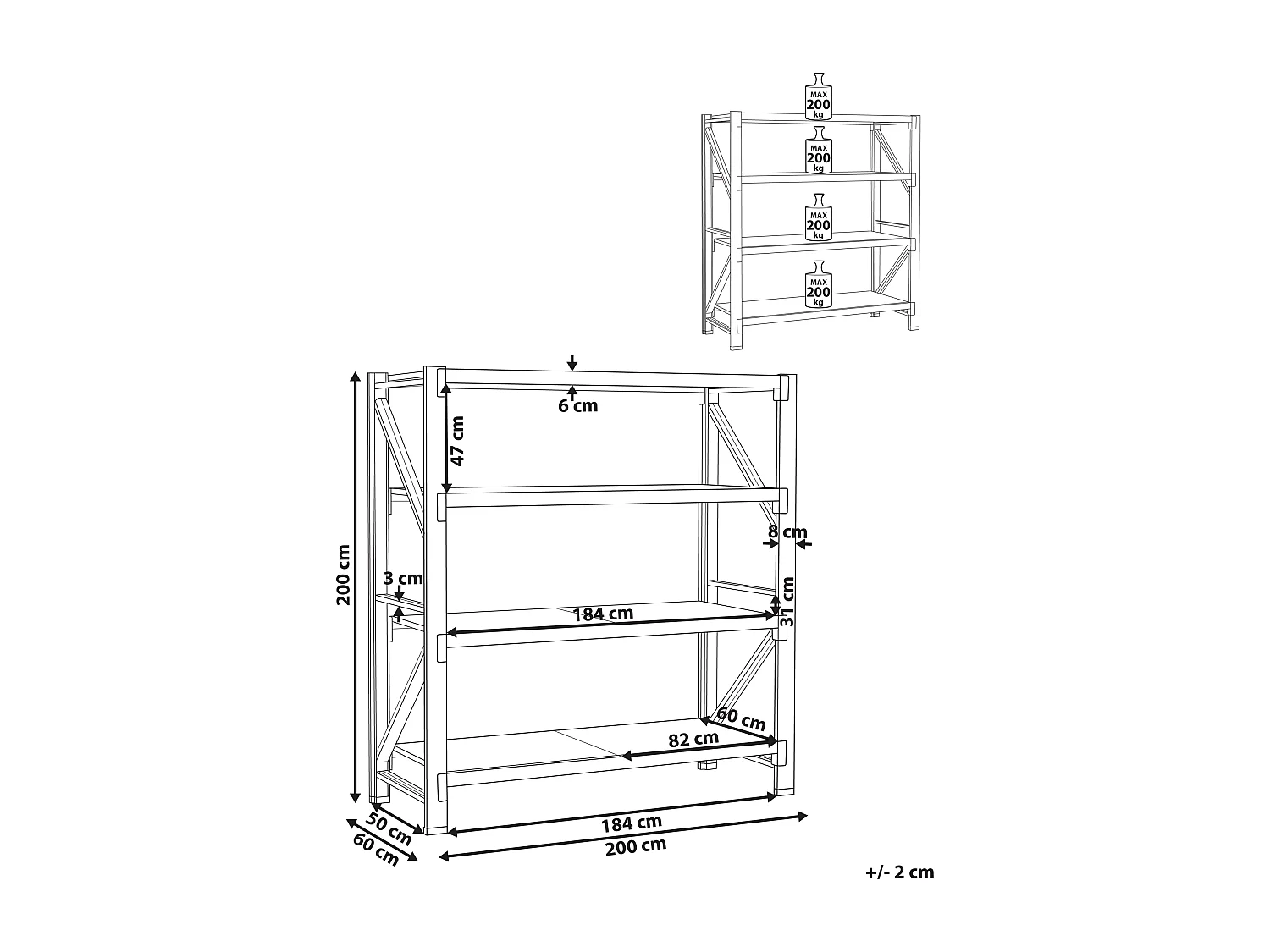 Étagères de garage FIUGGI Métal 200 cm 60 cm Noir