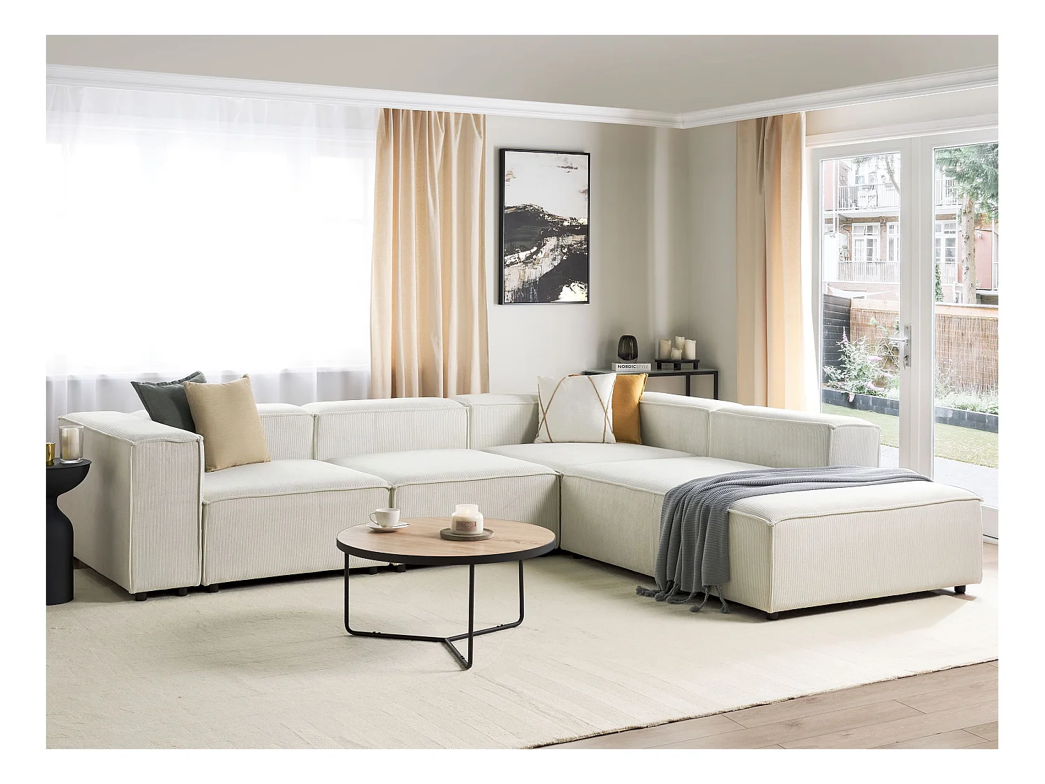 Canapé d'Angle à droite en Velours Côtelé Modulaire 4 Places Pieds Noirs Blanc Cassé Ardal