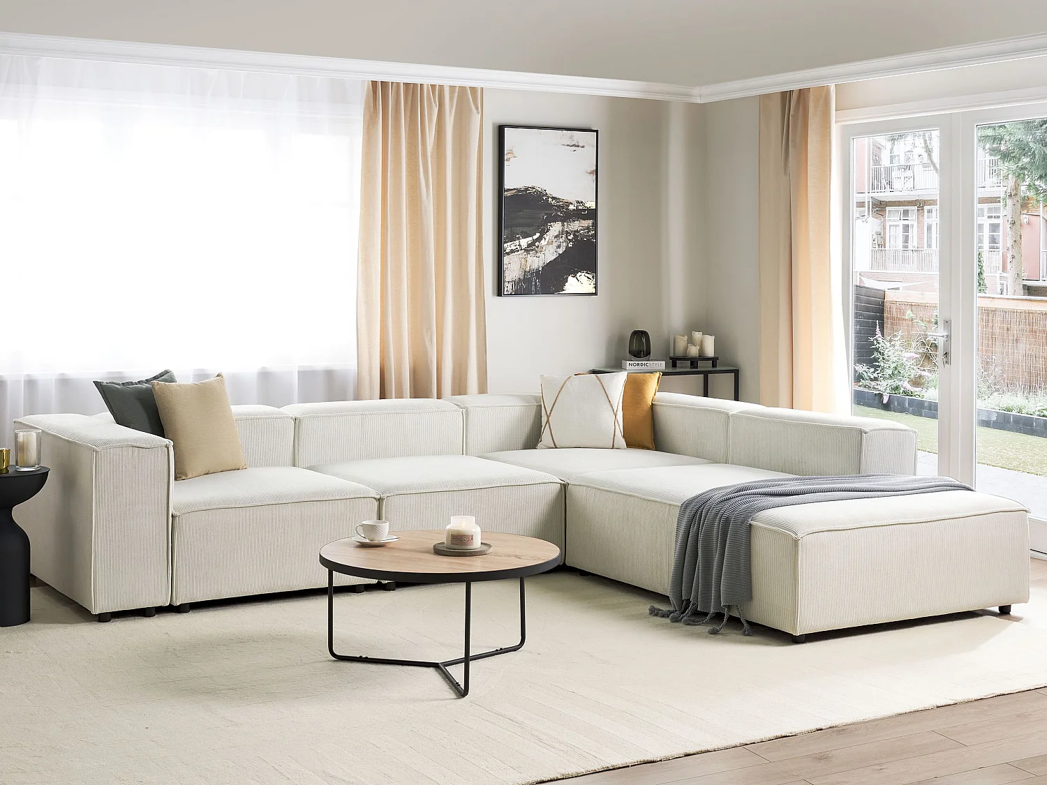 Canapé d'Angle à droite en Velours Côtelé Modulaire 4 Places Pieds Noirs Blanc Cassé Ardal