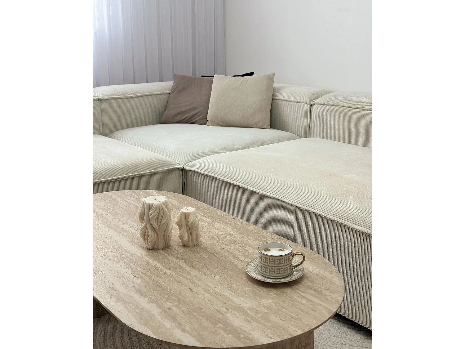 Canapé d'Angle à Gauche en Velours Côtelé Modulaire 4 Places Pieds Noirs Blanc Cassé Ardal