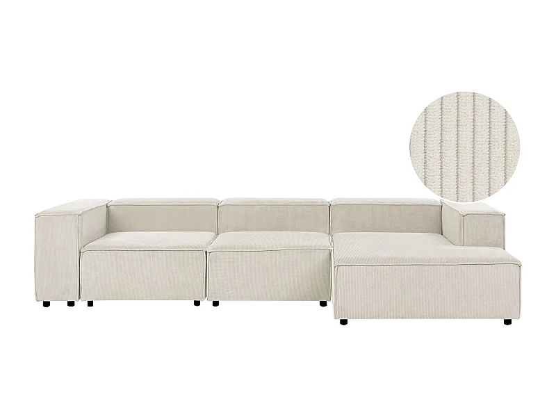 Canapé d\'Angle à droite en Velours Côtelé Modulaire 4 Places Pieds Noirs Blanc Cassé Ardal