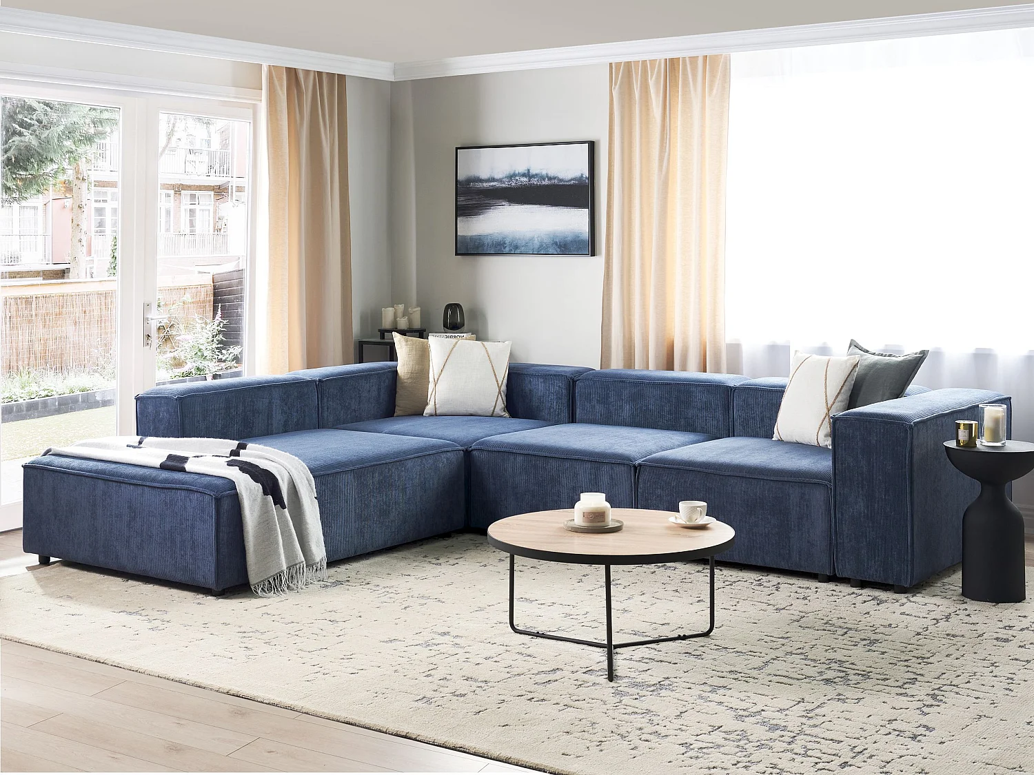 Canapé d'Angle à gauche en Velours Côtelé Modulaire 4 Places Pieds Noirs Bleu Foncé Ardal