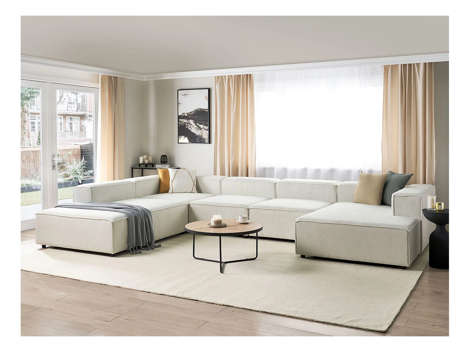 Canapé d'angle modulable 5 places ARDAL Velours côtelé Blanc cassé Côté droit