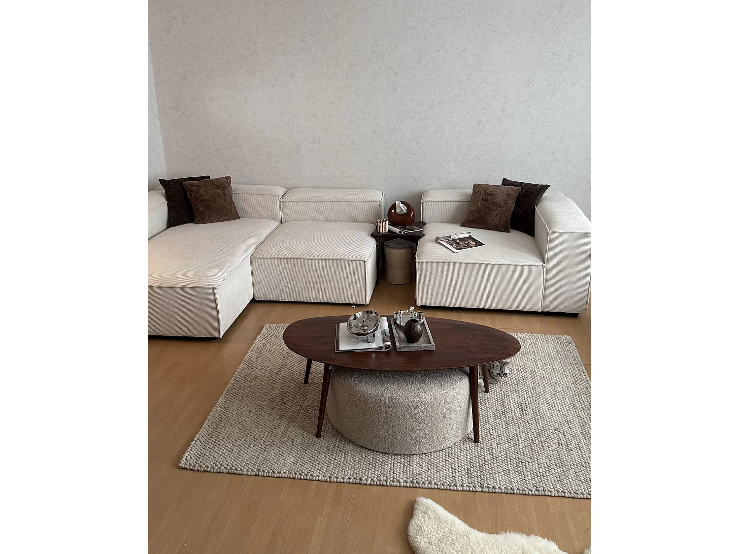 Canapé d'angle modulable 5 places ARDAL Velours côtelé Blanc cassé Côté droit