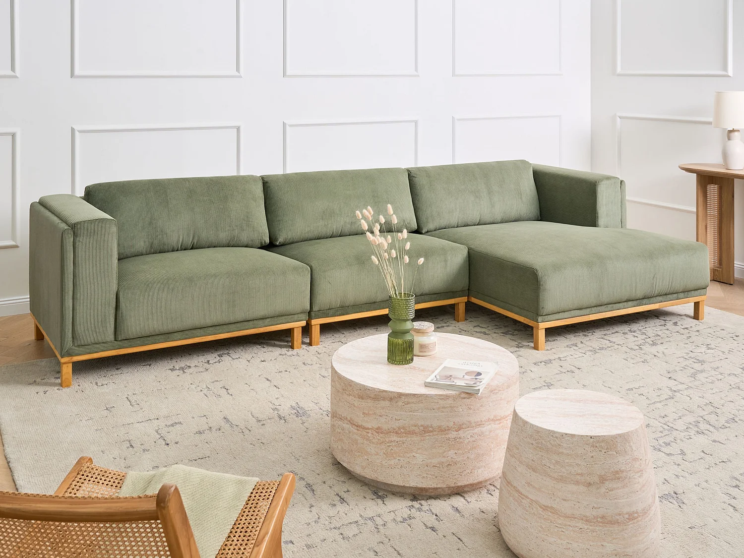 Canapé d'Angle à droite 5 Places Moderne en Velours Côtelé avec Accoudoirs Pieds en Bois Vert Veng