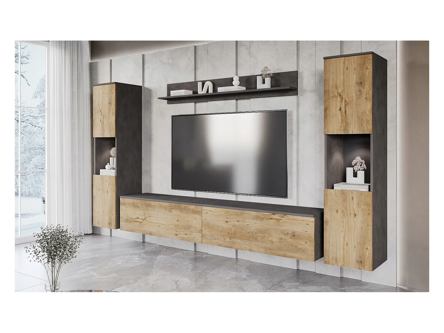 Mural TV moderne 4 éléments pour salon – corps chêne Matera mat, façades châtaignier mat, 2 colonnes et meuble TV 180 cm