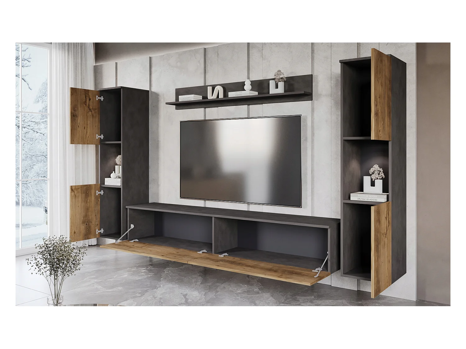 Mural TV moderne 4 éléments pour salon – corps chêne Matera mat, façades châtaignier mat, 2 colonnes et meuble TV 180 cm