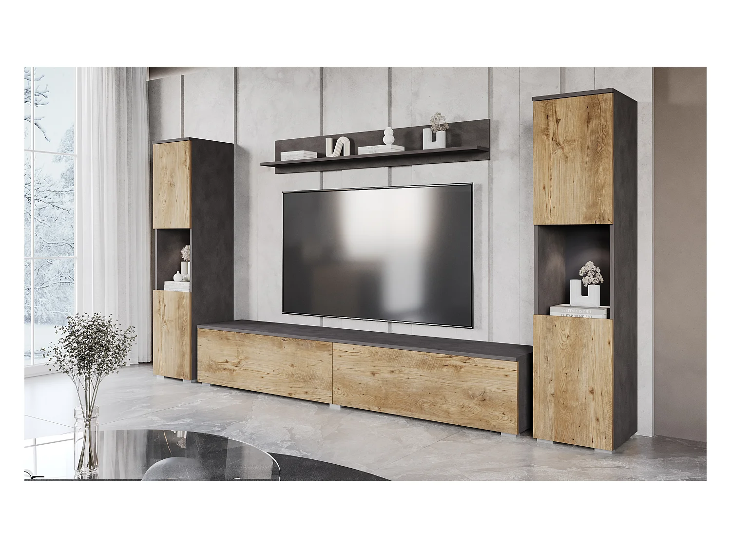 Mural TV moderne 4 éléments pour salon – corps chêne Matera mat, façades châtaignier mat, 2 colonnes et meuble TV 180 cm