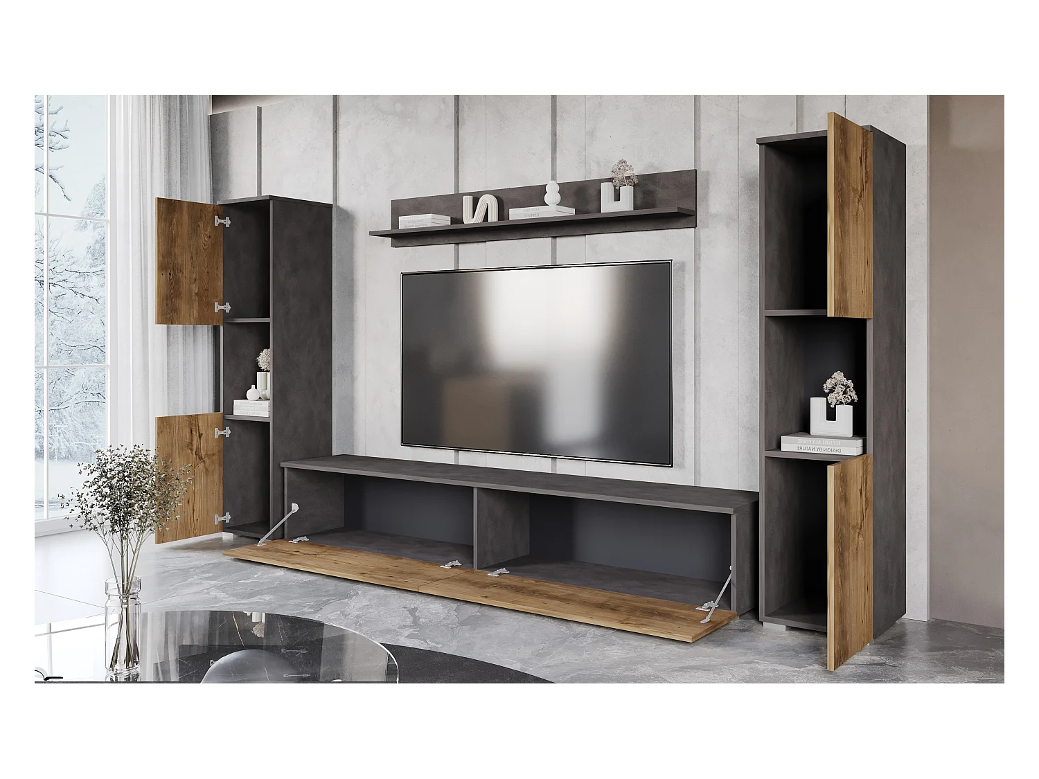 Mural TV moderne 4 éléments pour salon – corps chêne Matera mat, façades châtaignier mat, 2 colonnes et meuble TV 180 cm