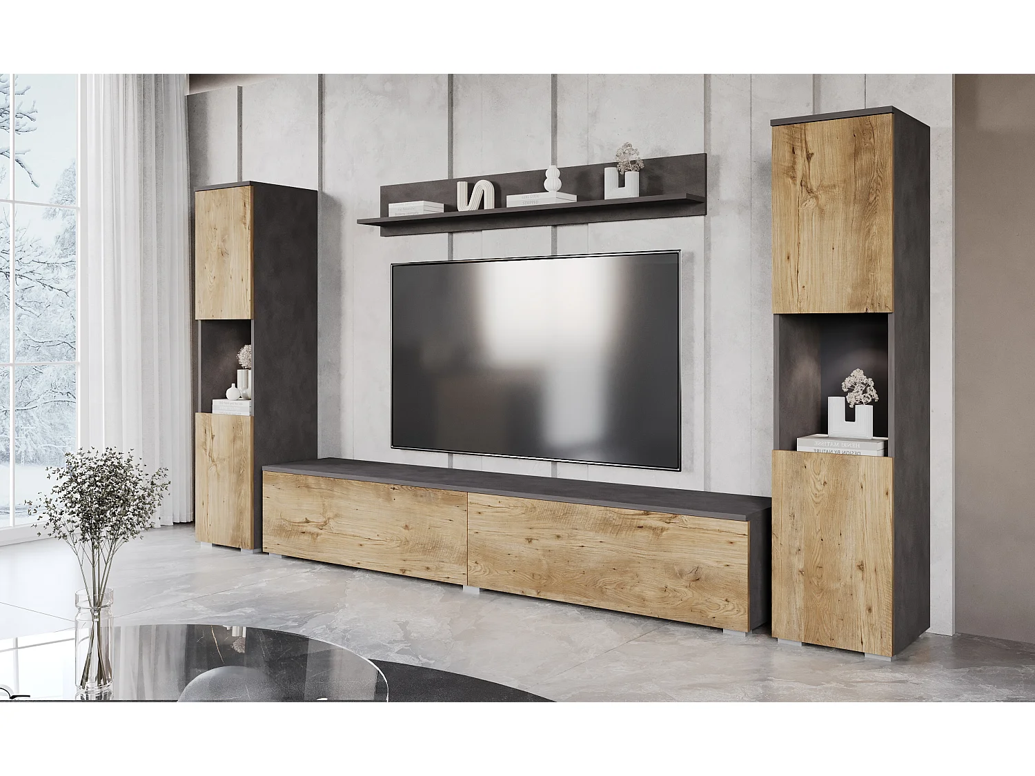 Mural TV moderne 4 éléments pour salon – corps chêne Matera mat, façades châtaignier mat, 2 colonnes et meuble TV 180 cm