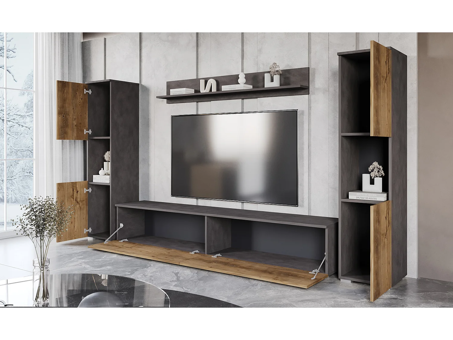 Mural TV moderne 4 éléments pour salon – corps chêne Matera mat, façades châtaignier mat, 2 colonnes et meuble TV 180 cm