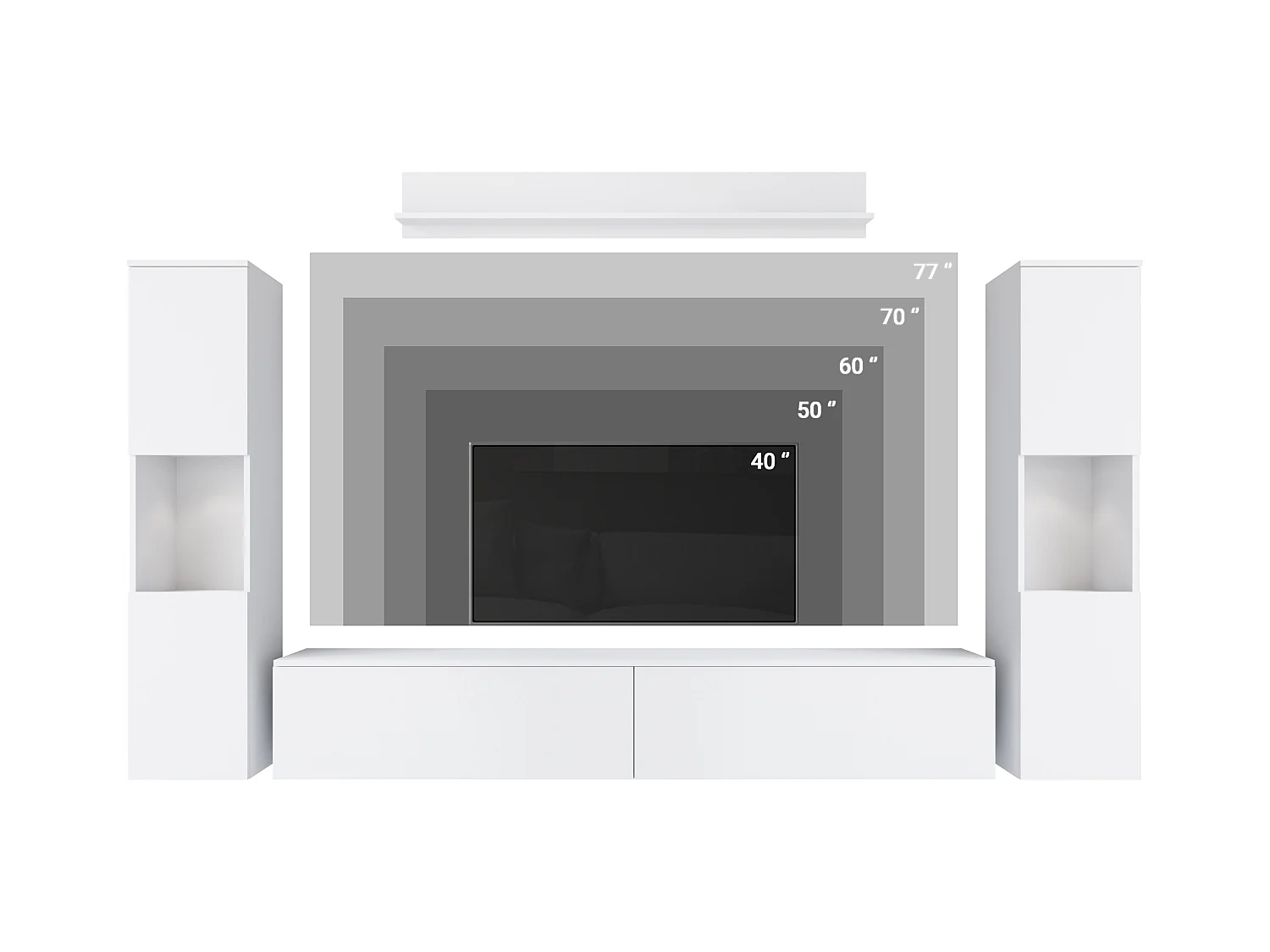 Mural TV moderne 4 éléments pour salon – corps blanc mat, façades gris brillant, 2 colonnes et meuble TV 180 cm