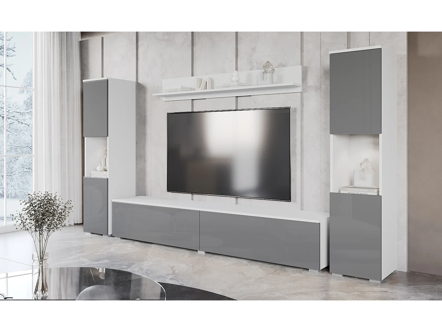Mural TV moderne 4 éléments pour salon – corps blanc mat, façades gris brillant, 2 colonnes et meuble TV 180 cm