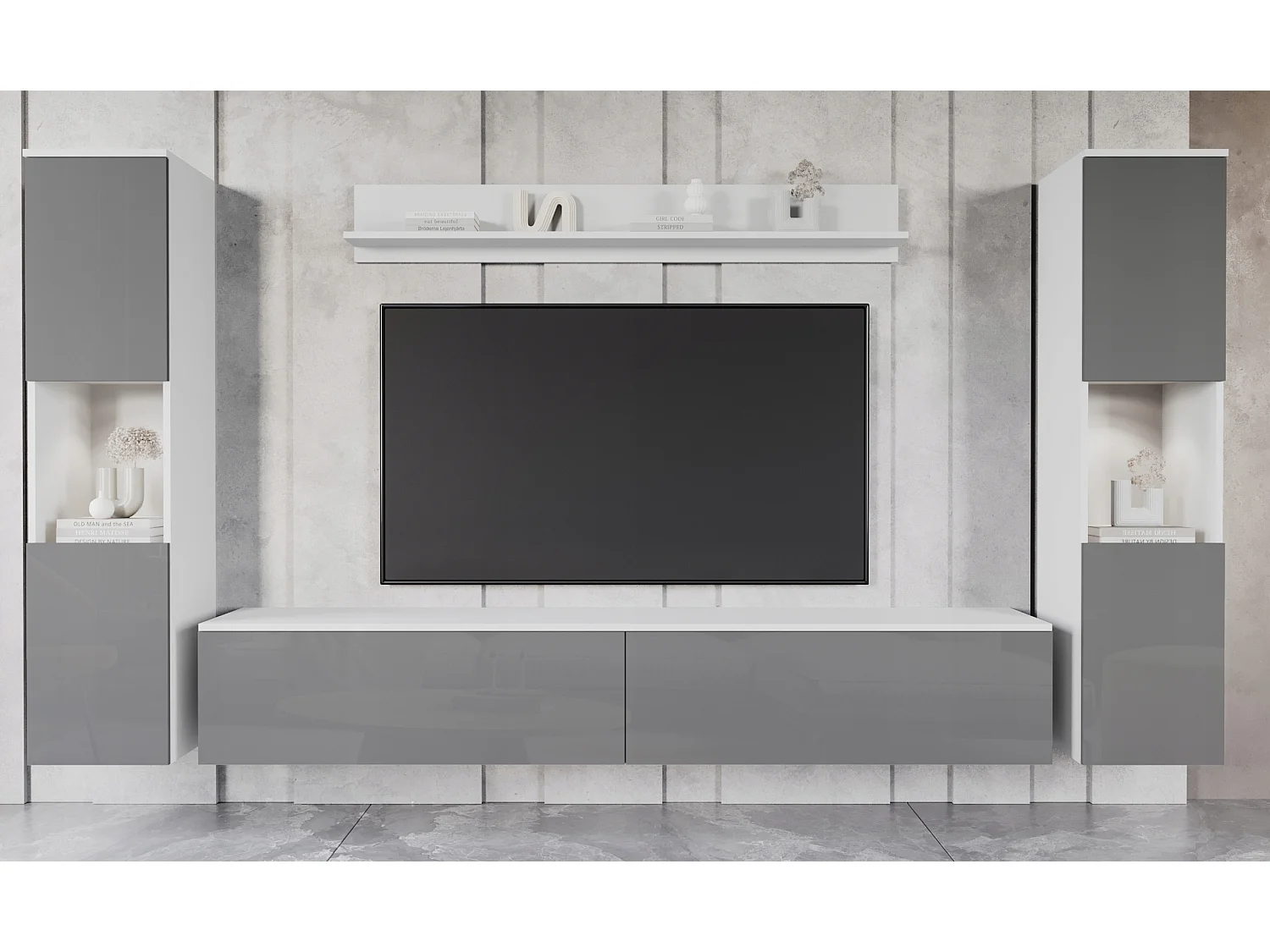 Mural TV moderne 4 éléments pour salon – corps blanc mat, façades gris brillant, 2 colonnes et meuble TV 180 cm