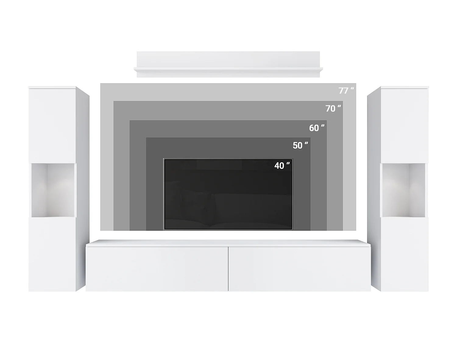 Mural TV moderne 4 éléments pour salon – corps blanc mat, façades gris brillant, 2 colonnes et meuble TV 180 cm