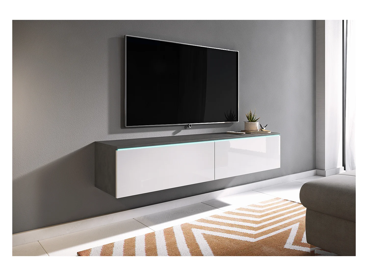 Meuble TV moderne 140 cm pour salon – 2 portes, sans poignées, corps chêne Matera mat, façades blanc brillant, posé ou suspendu
