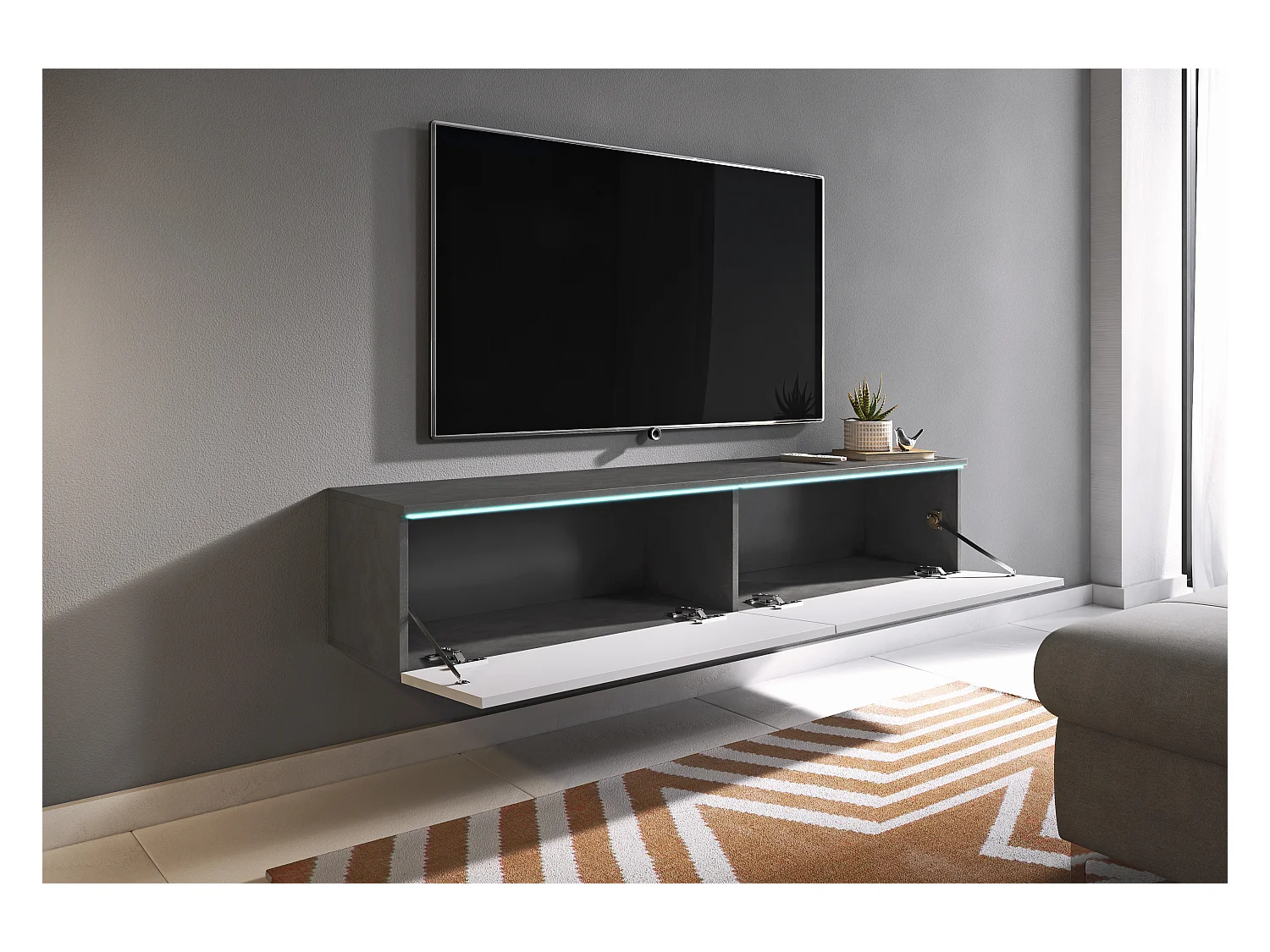 Meuble TV moderne 140 cm pour salon – 2 portes, sans poignées, corps chêne Matera mat, façades blanc brillant, posé ou suspendu