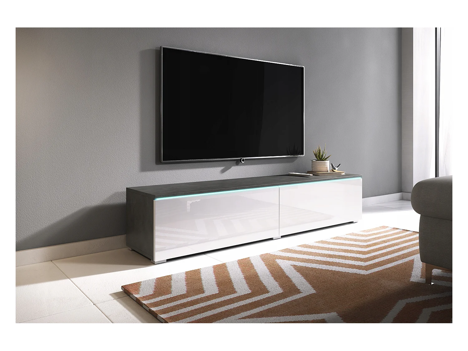 Meuble TV moderne 140 cm pour salon – 2 portes, sans poignées, corps chêne Matera mat, façades blanc brillant, posé ou suspendu