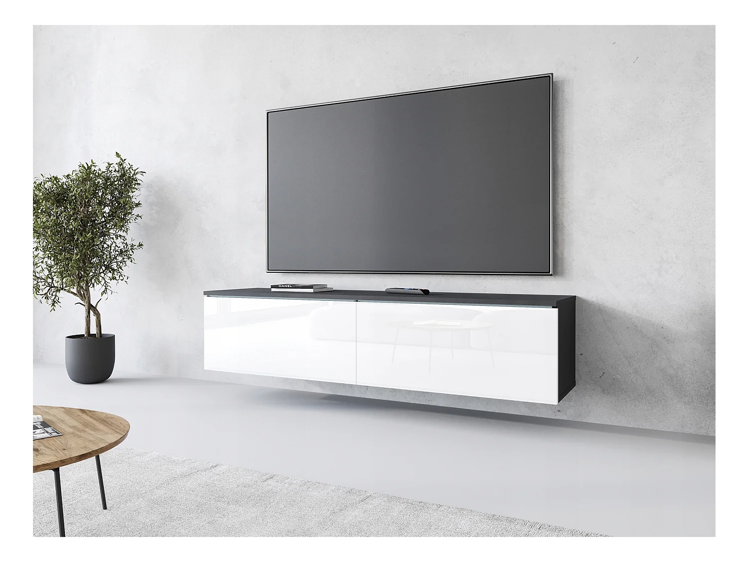Meuble TV moderne 140 cm pour salon – 2 portes, sans poignées, corps chêne Matera mat, façades blanc brillant, posé ou suspendu