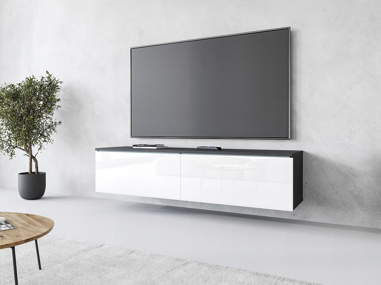 Meuble TV moderne 140 cm pour salon – 2 portes, sans poignées, corps chêne Matera mat, façades blanc brillant, posé ou suspendu