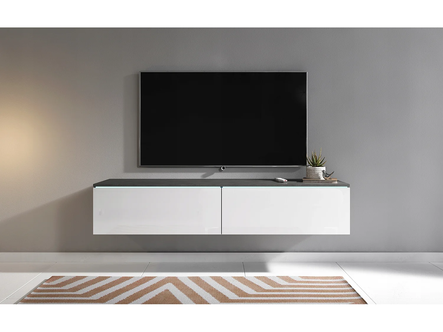 Meuble TV moderne 140 cm pour salon – 2 portes, sans poignées, corps chêne Matera mat, façades blanc brillant, posé ou suspendu