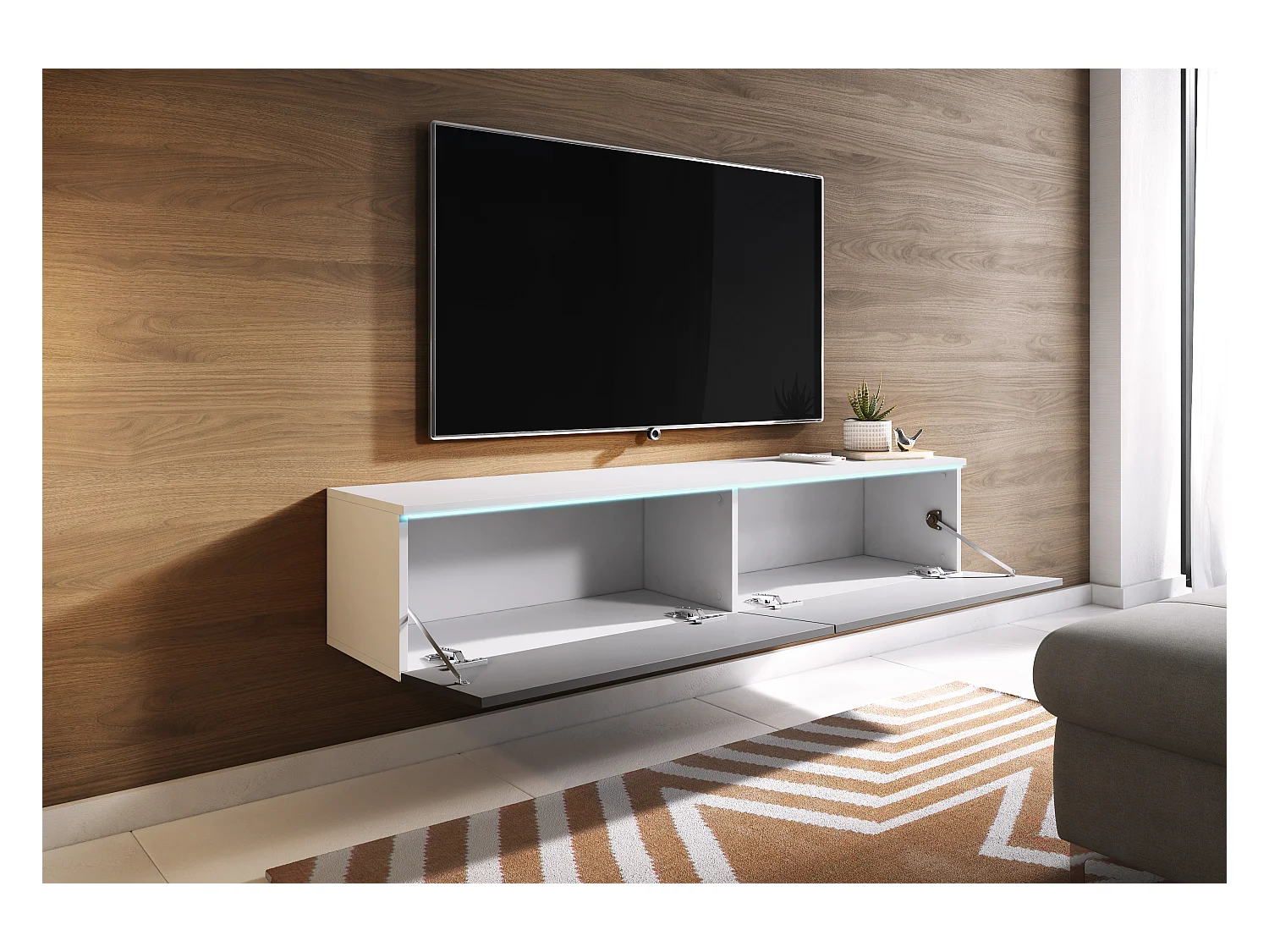 Meuble TV moderne 140 cm pour salon – 2 portes, sans poignées, corps blanc mat, façades gris brillant, posé ou suspendu