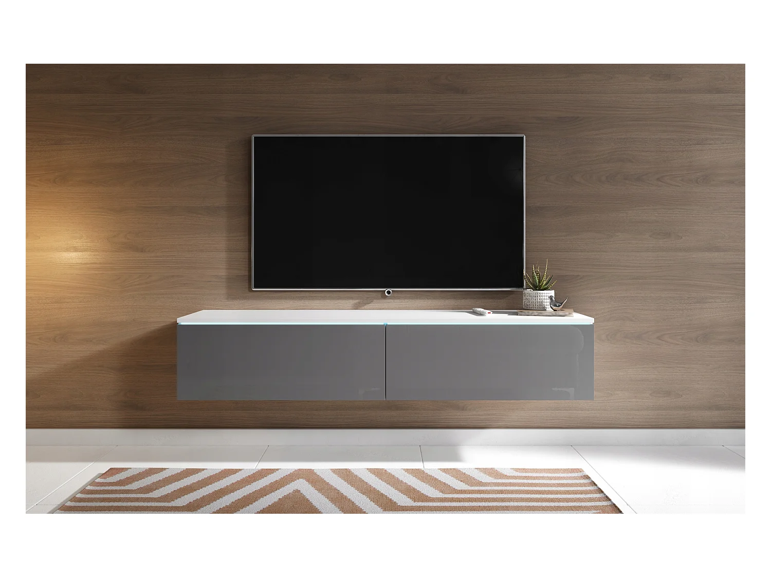 Meuble TV moderne 140 cm pour salon – 2 portes, sans poignées, corps blanc mat, façades gris brillant, posé ou suspendu