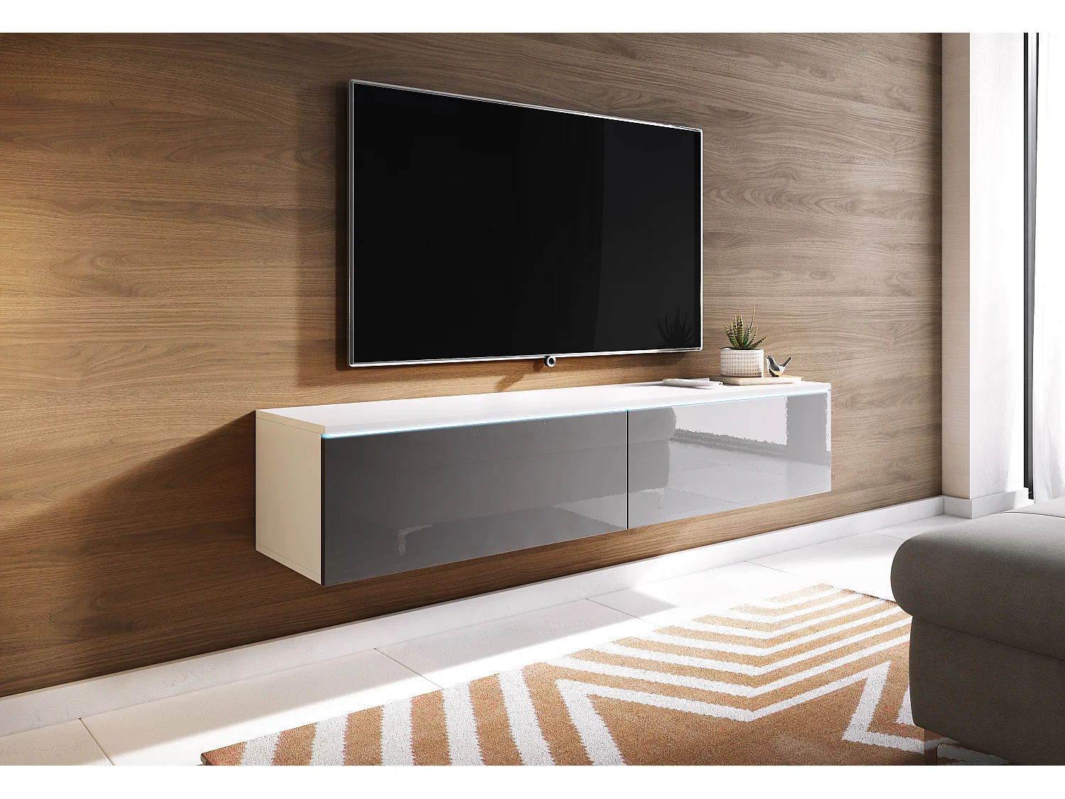 Meuble TV moderne 140 cm pour salon – 2 portes, sans poignées, corps blanc mat, façades gris brillant, posé ou suspendu
