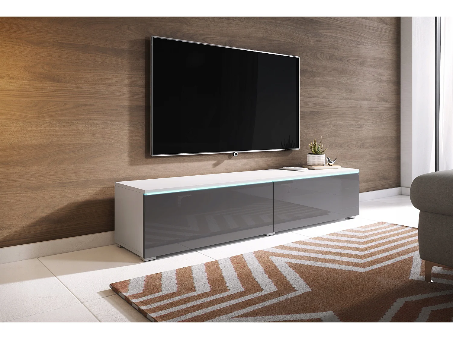Meuble TV moderne 140 cm pour salon – 2 portes, sans poignées, corps blanc mat, façades gris brillant, posé ou suspendu