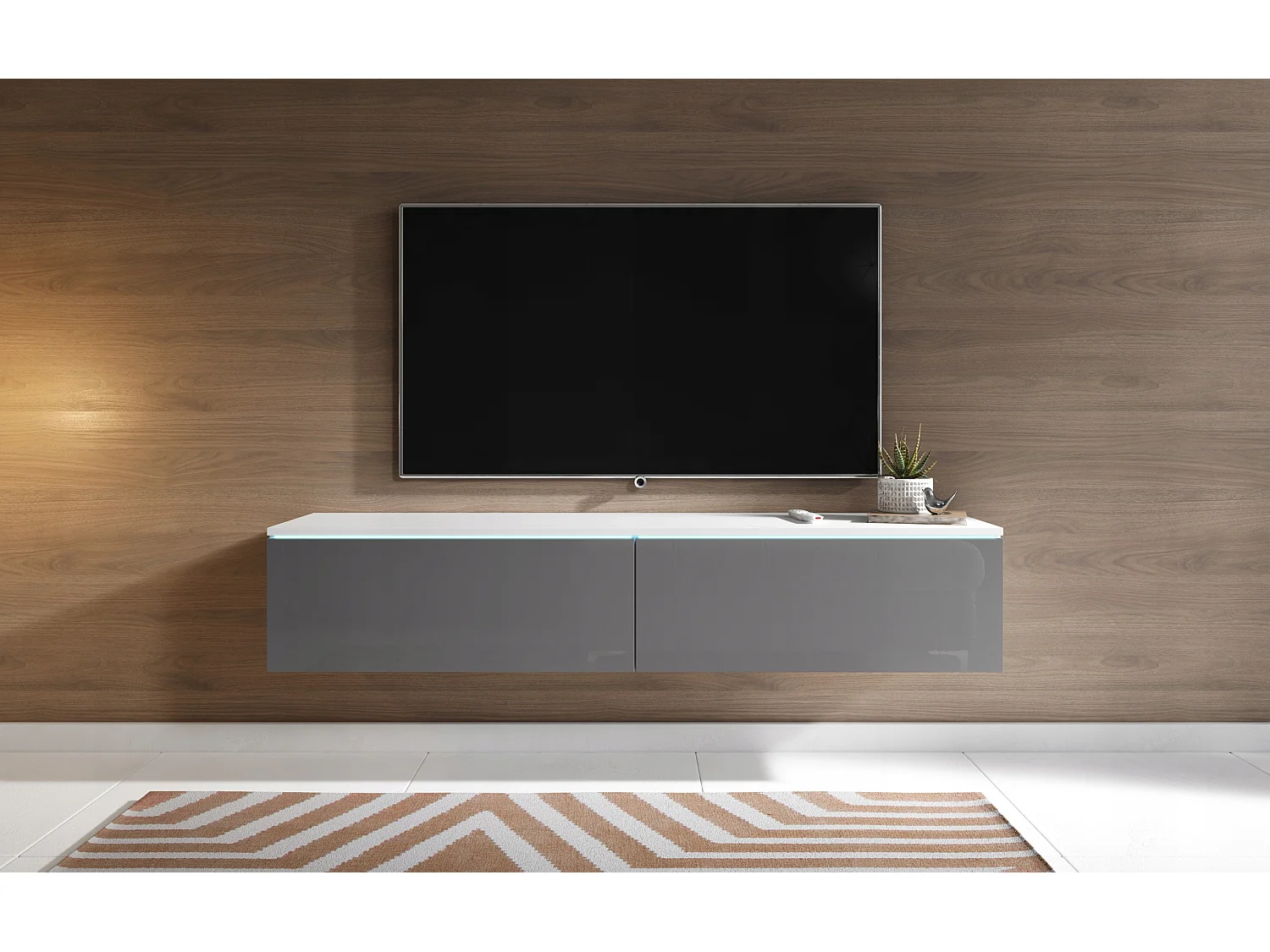 Meuble TV moderne 140 cm pour salon – 2 portes, sans poignées, corps blanc mat, façades gris brillant, posé ou suspendu