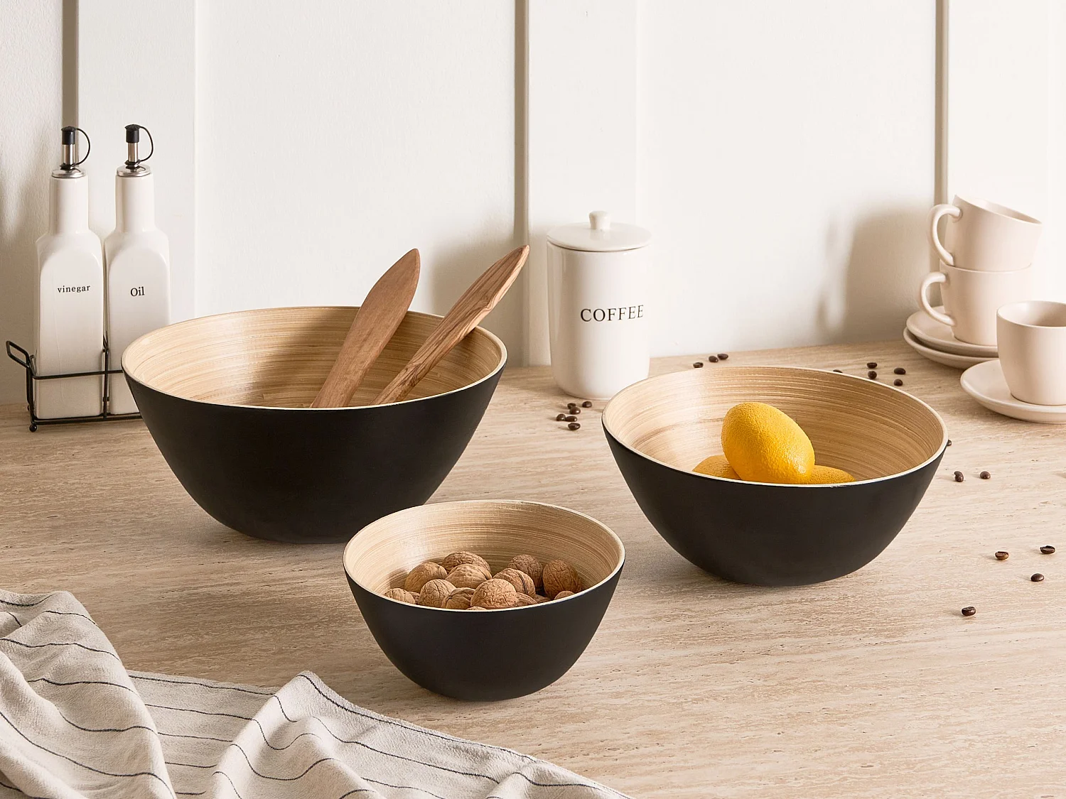 Lot de 3 bols décoratifs BONHEUR Bambou Noir