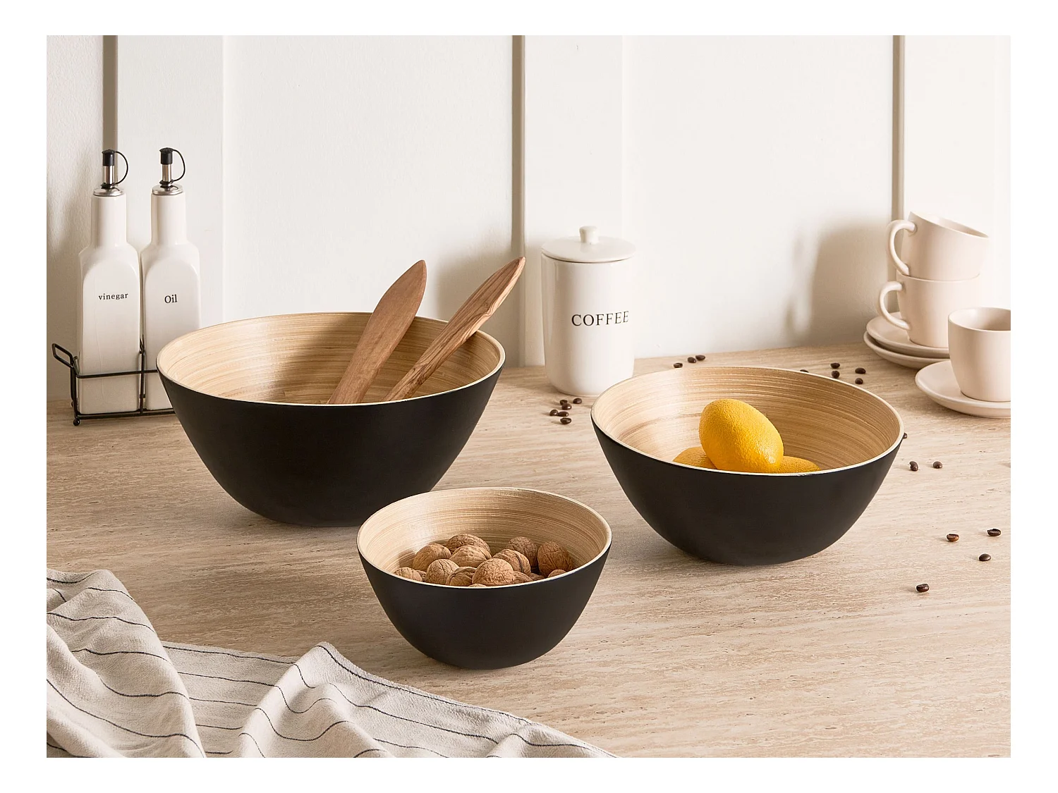 Lot de 3 bols décoratifs BONHEUR Bambou Noir