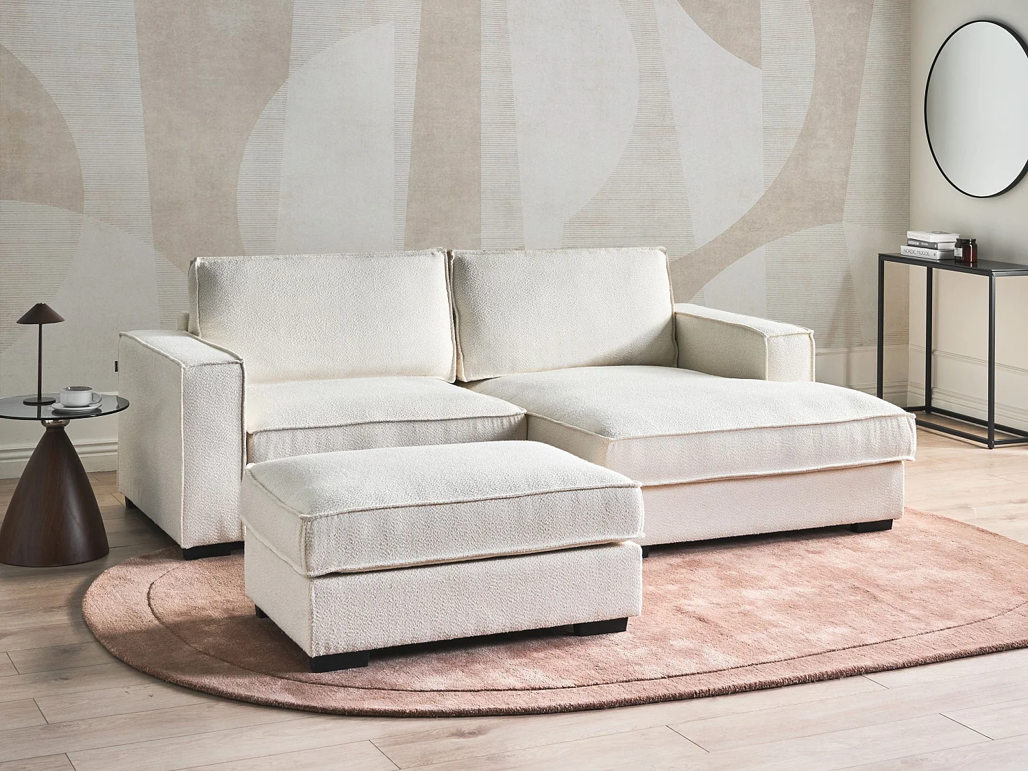 Canapé d'Angle à droite avec Pouf Moderne en Bouclé Repose-pieds Ottoman Dossier Rembourré avec Coussins Beige Clair Kolding