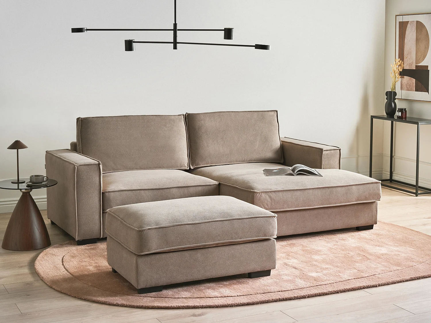 Canapé d'Angle à droite avec Pouf Moderne en Tissu Repose-pieds Ottoman Dossier Rembourré avec Coussins Taupe Kolding