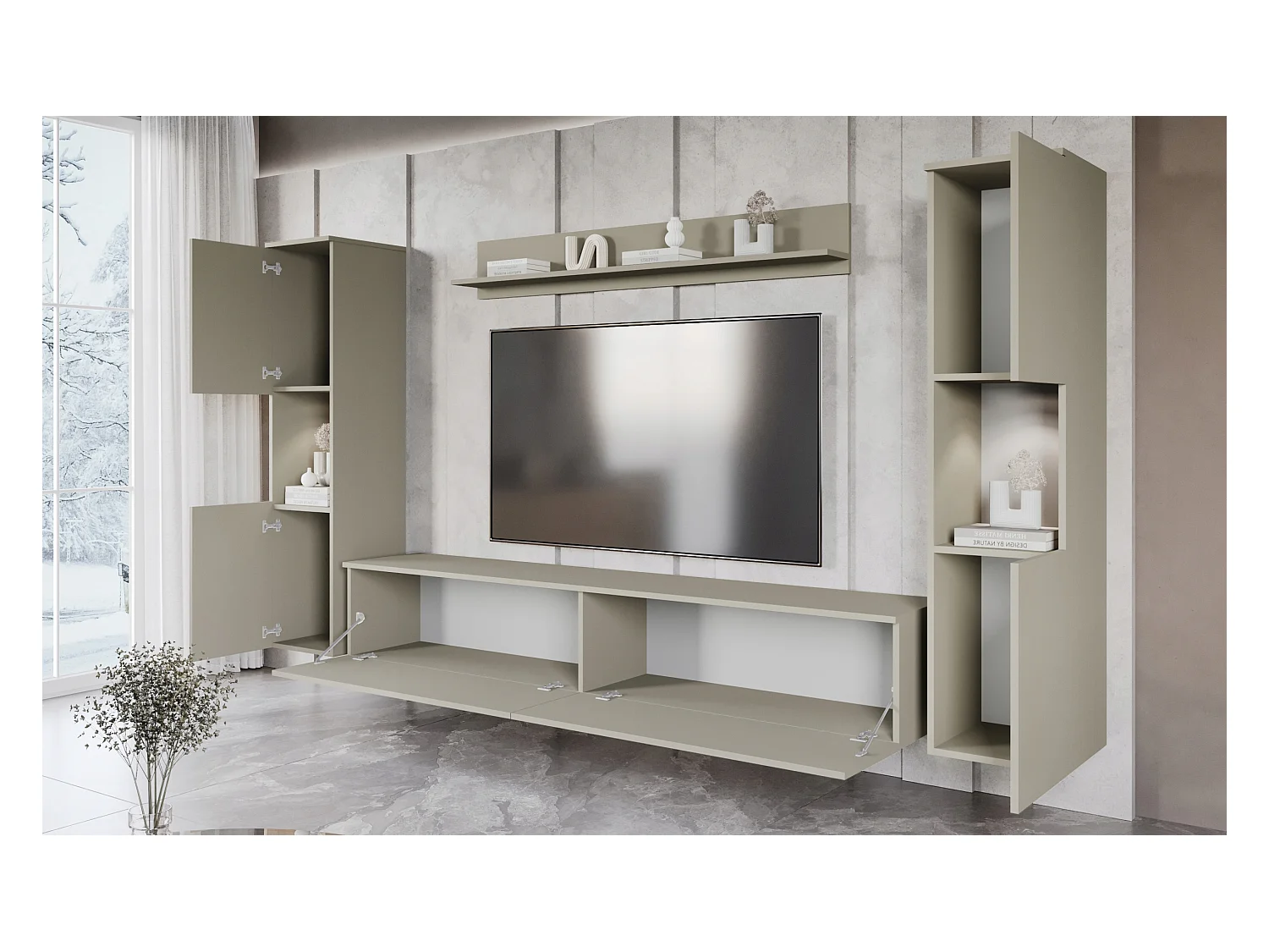 Mural TV moderne 4 éléments pour salon – beige cachemire mat, 2 colonnes et meuble TV 180 cm