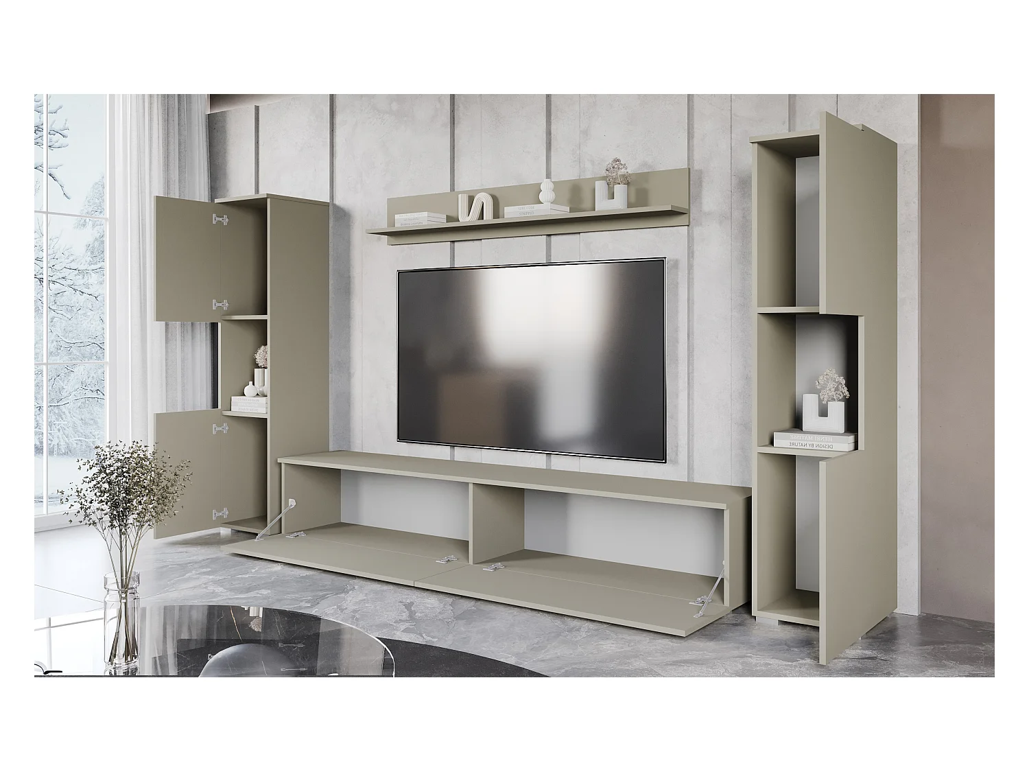Mural TV moderne 4 éléments pour salon – beige cachemire mat, 2 colonnes et meuble TV 180 cm