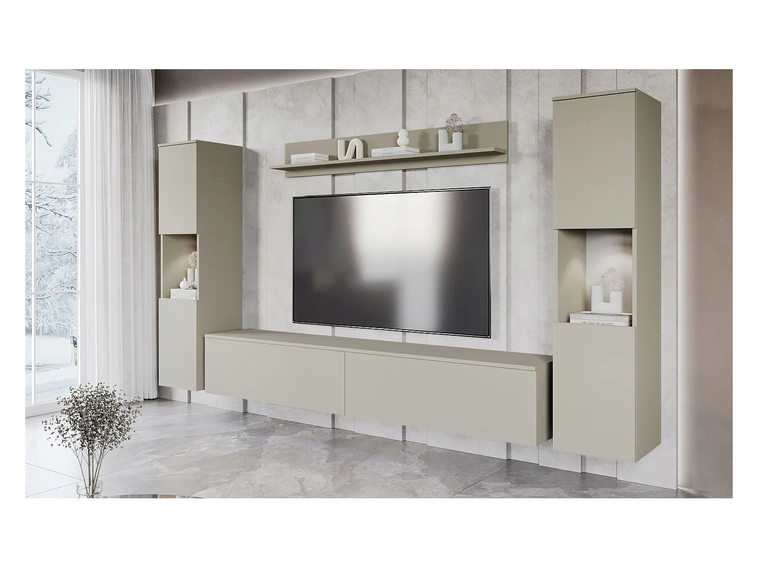 Mural TV moderne 4 éléments pour salon – beige cachemire mat, 2 colonnes et meuble TV 180 cm
